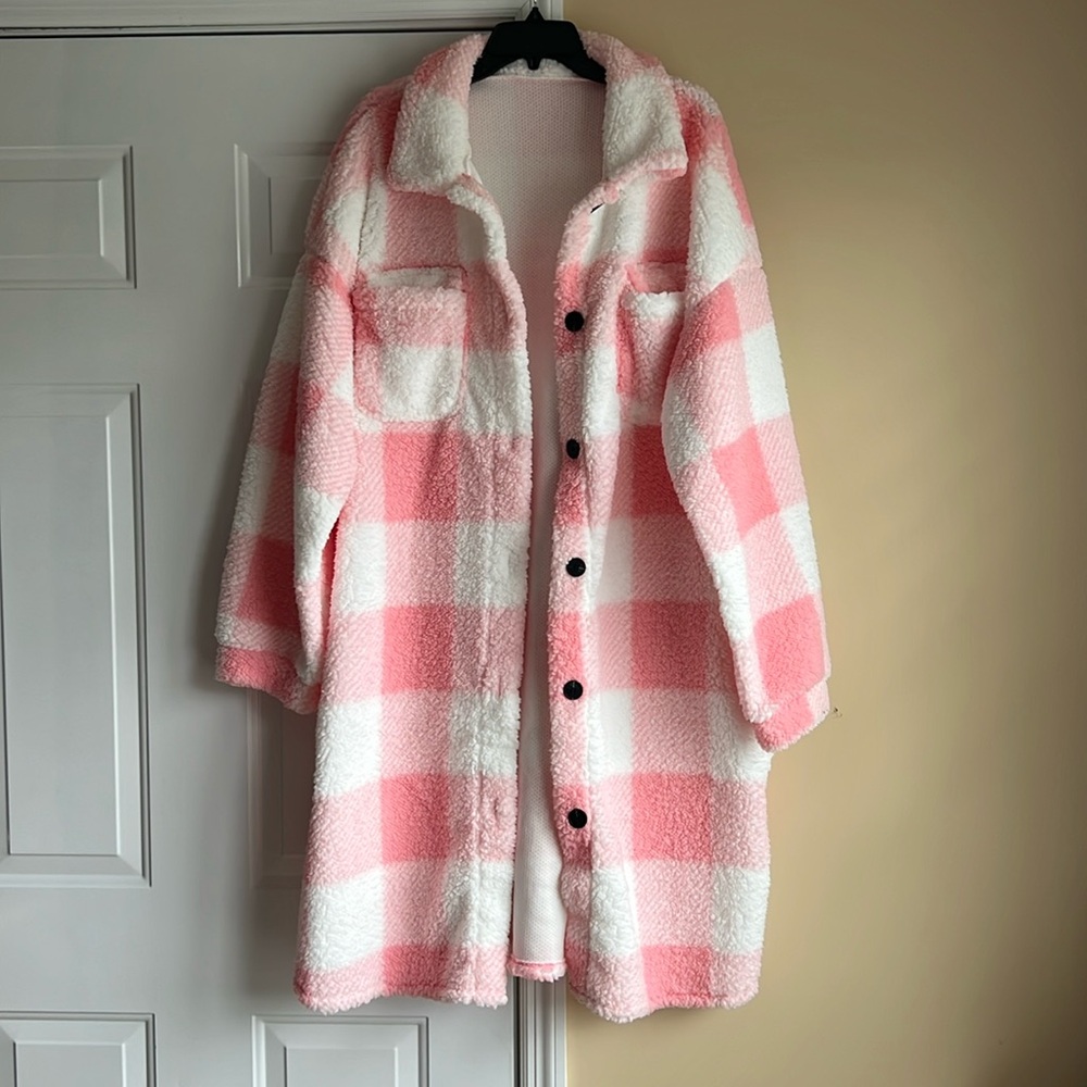 🔥HOST PICK🔥🧥NWOT🧥Faux Fur Plaid Teddy Fleece Long Sleeve Button Up Coat 3XL